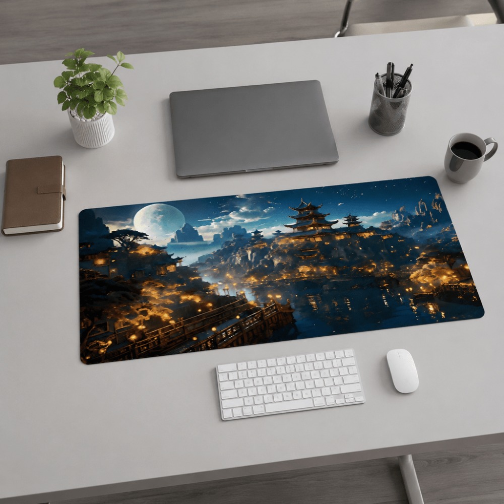 Desk Setup For Work - Originele fantasieachtige nachtstad-maanprint langwerpige tafelmat. Geschikt