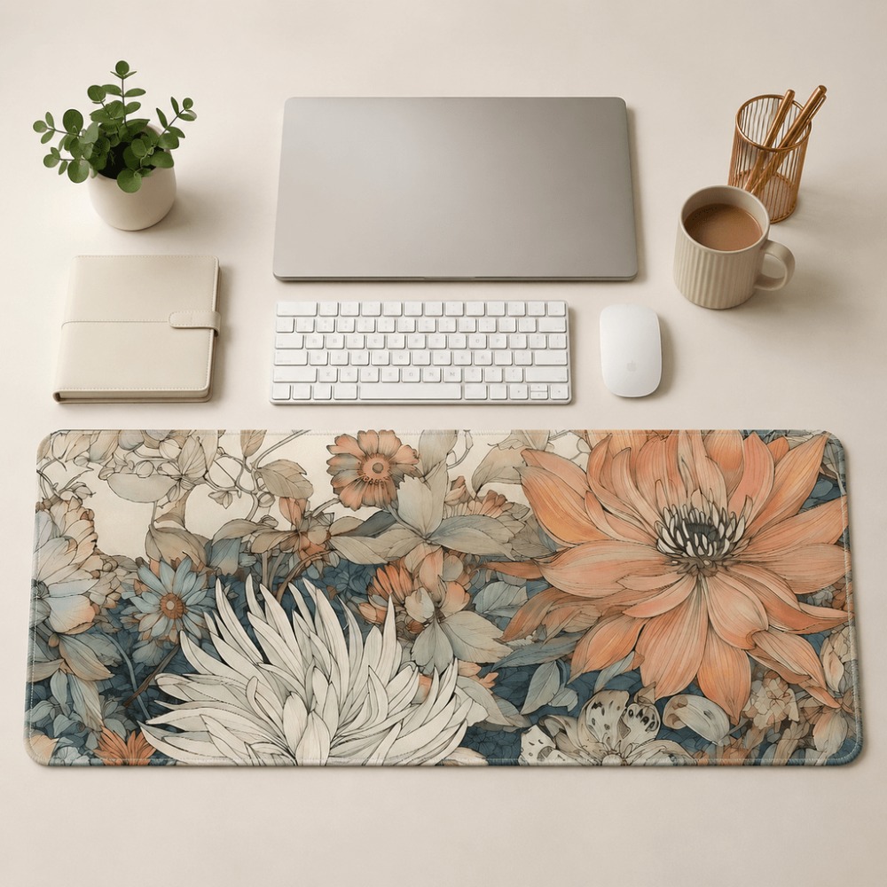 Desk Setup For Work - Retro bloementafelmat met planten- en bloemenprints,